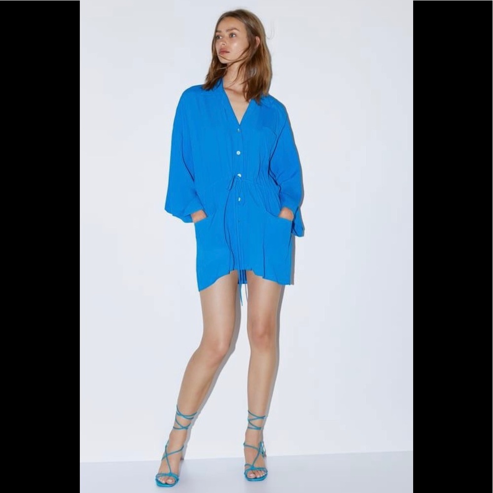 🩵 ZARA Blue Viscose Gathered Blouse Tunic Dress